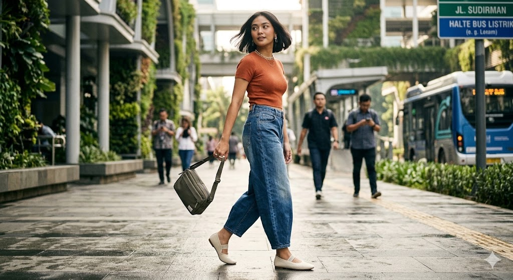 Barrel-Leg Jeans Celana denim dengan potongan melengkung 2026